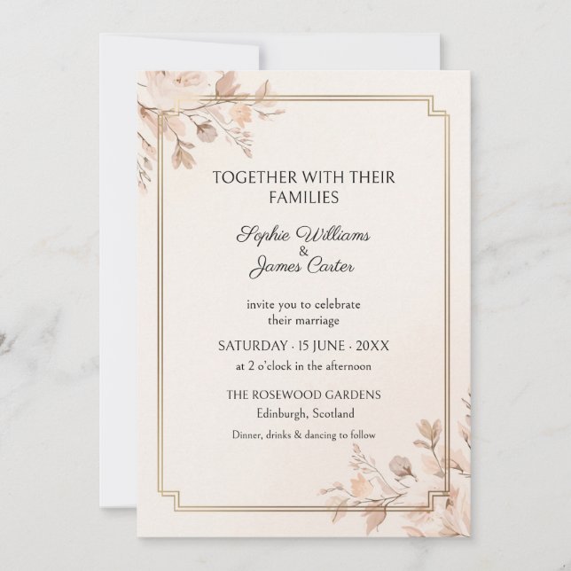 Blush Botanical Gold Frame Wedding Invitation (Front)