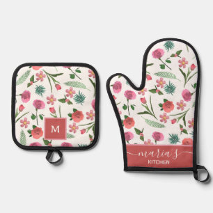 blush botanical red pink bloom kitchen accessory oven mitt & pot holder set