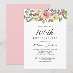 Blush Botanical Watercolor 100th Birthday Party Invitation