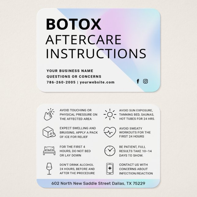 Blush Botox Injection Aftercare Instruction Card (Front & Back)