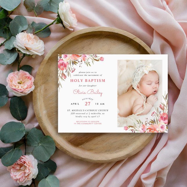 Blush Bouquet Floral Baby Girl Photo Baptism Invitation (Creator Uploaded)