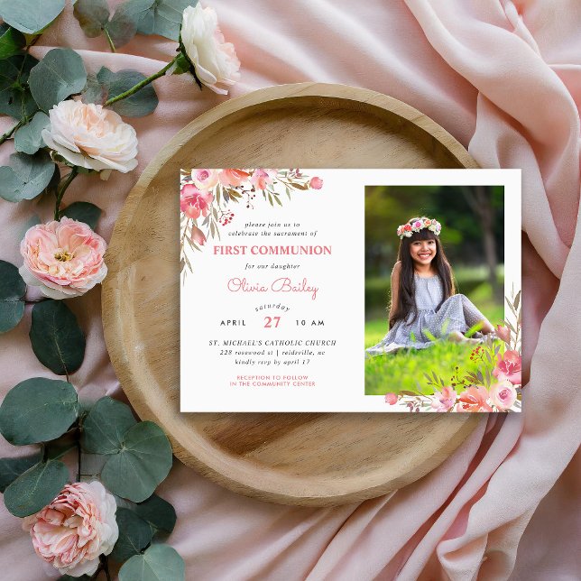 Blush Bouquet Floral Photo First Communion Invitation (Creator Uploaded)