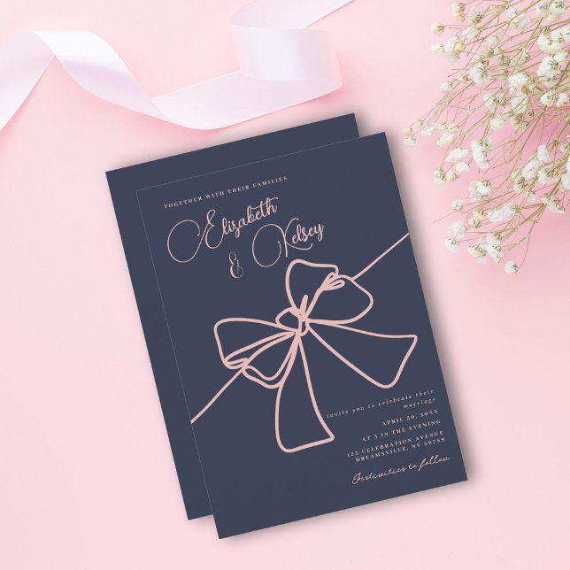 Blush Bow Elegance Chic Slate Blue Wedding Invitation (Creator Uploaded)