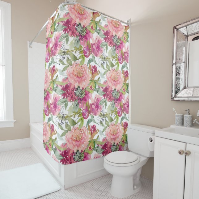 Blush Bright Pink Floral Sage Green Leaves White Shower Curtain (In Situ)