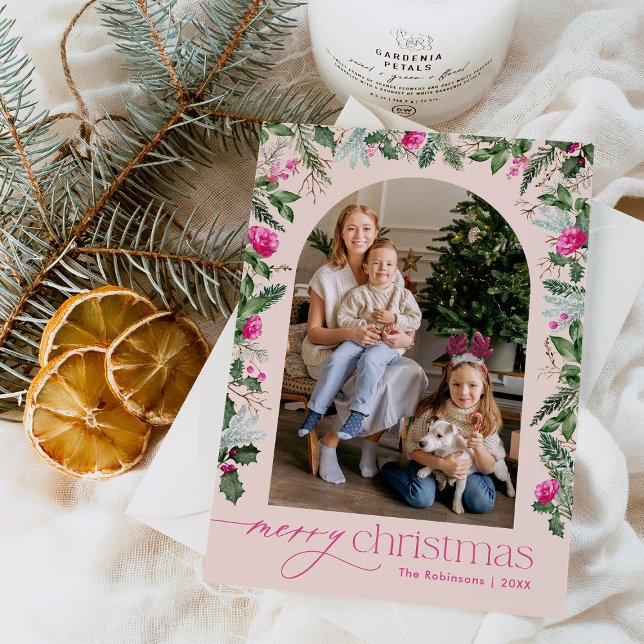 Blush Bright Pink Greenery Arch Christmas 1 Photo Holiday Card (Creator Uploaded)