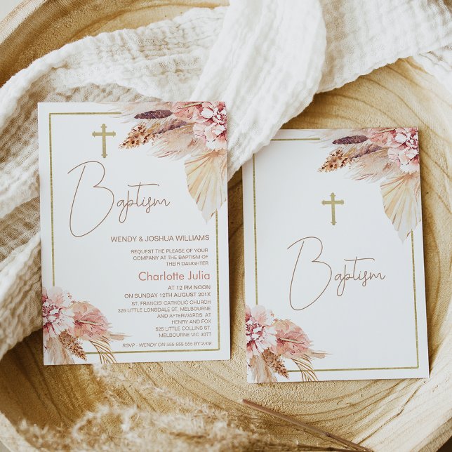 Blush Brown Boho Floral Baptism Invitation (Creator Uploaded)