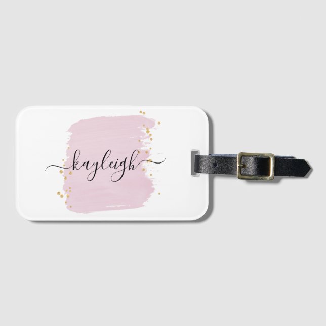 Blush Brush Stroke Gold Dots Luggage Tag (Front Horizontal)