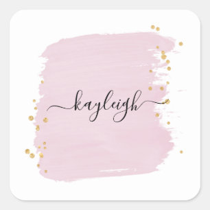 Blush Brush Stroke Gold Dots Square Sticker