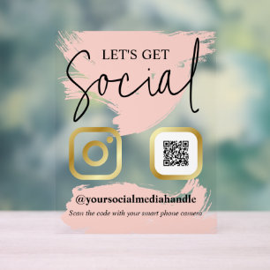 Blush Brushstrokes Faux Gold Let's Get Social Acrylic Sign