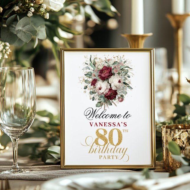 Blush Burgundy 80th Birthday Welcome Tabletop Poster (Blush Burgundy 80th Birthday Welcome Tabletop)