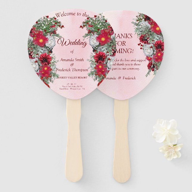 Blush, Burgundy and Sage Leaves bouquets Hand Fan (Front and Back)
