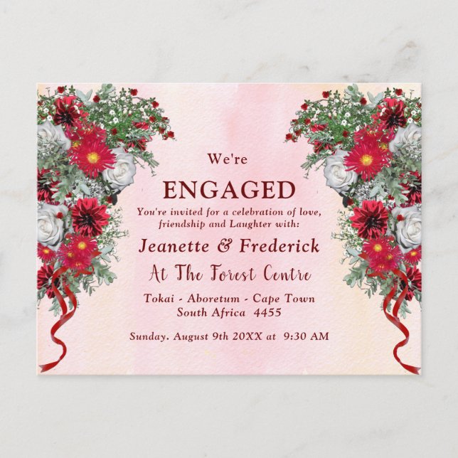 Blush, Burgundy and Sage Leaves Engagement Invitation Postcard (Front)