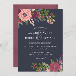 Blush & Burgundy - Dark Blue Wedding Invitation