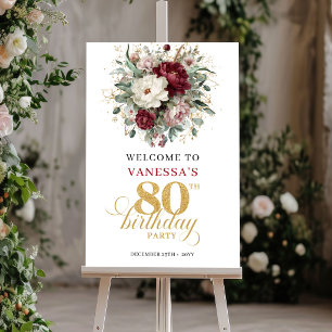 Blush Burgundy Floral 80th Birthday Welcome Sign