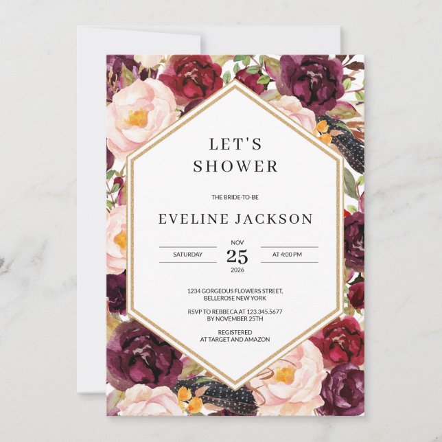 Blush Burgundy Floral Bridal Shower Invitation (Front)