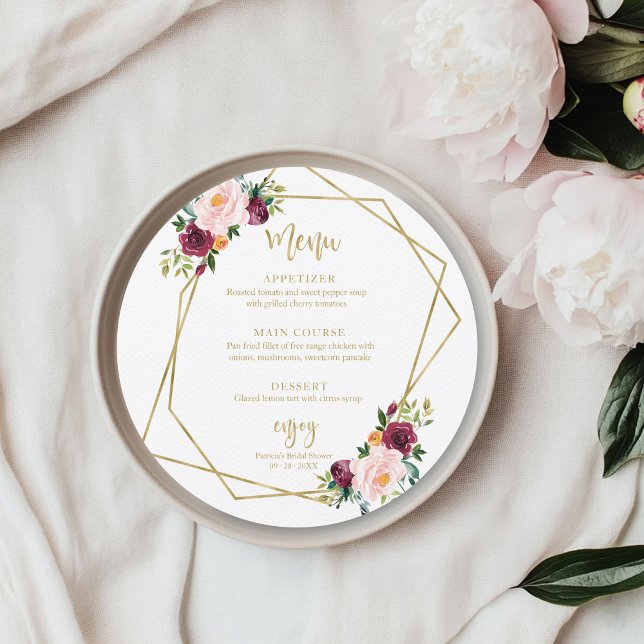 Blush Burgundy Floral Bridal Shower Round Menu Invitation (Creator Uploaded)