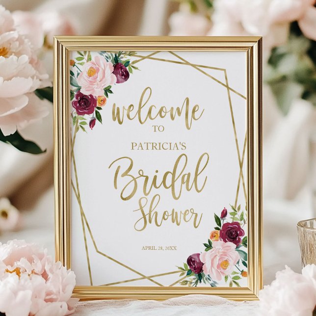 Blush Burgundy Floral Bridal Shower Welcome Poster (Creator Uploaded)