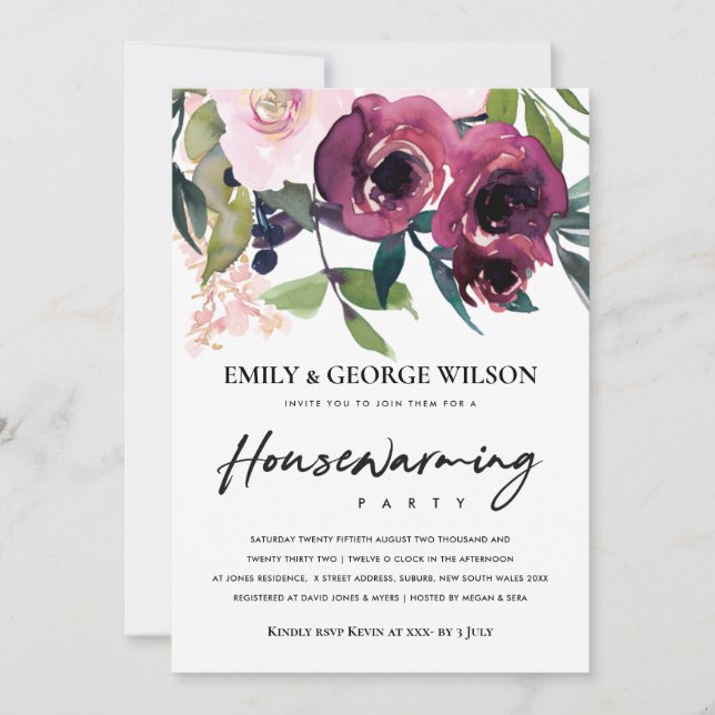 BLUSH BURGUNDY FLORAL BUNCH HOUSEWARMING PARTY INVITATION (Front)
