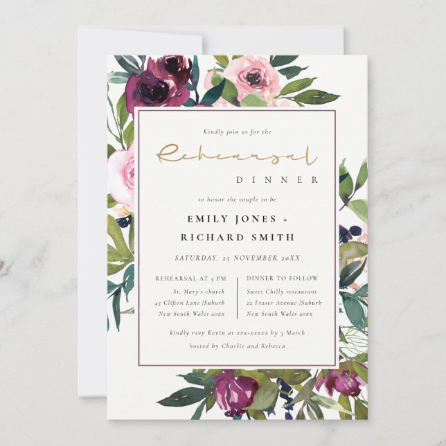 BLUSH BURGUNDY FLORAL BUNCH REHEARSAL DINNER INVITATION (Front)