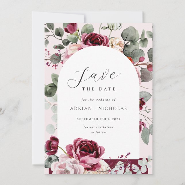 Blush & Burgundy Floral Eucalyptus Sprigs Wedding  Save The Date (Front)