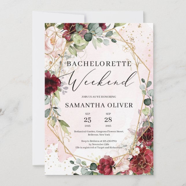 BLush burgundy floral gold bachelorette weekend Invitation (Front)