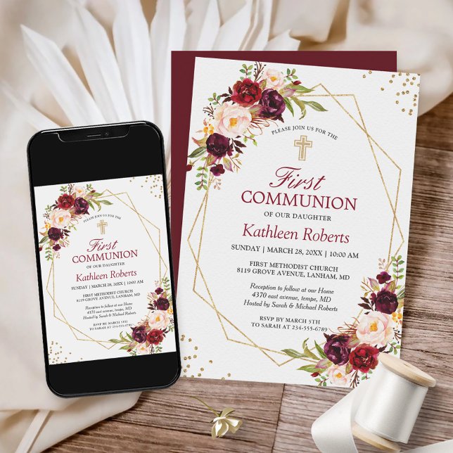 Blush Burgundy Floral Gold Frame First Communion Invitation (Creator Uploaded)