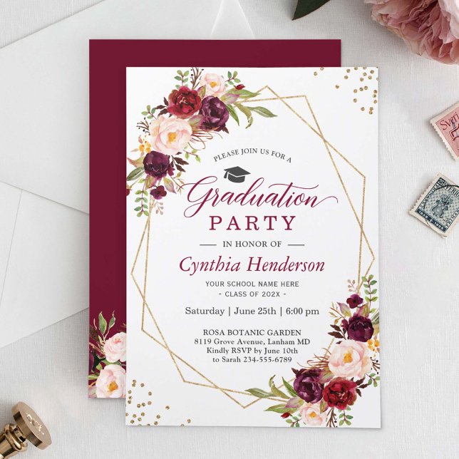 Blush Burgundy Floral Gold Frame Graduation Party Invitation (Creator Uploaded)