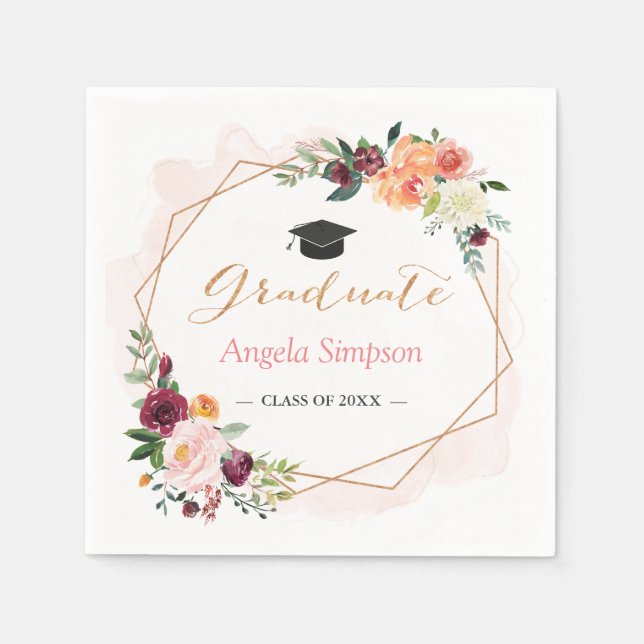 Blush Burgundy Floral Gold Frame Graduation Party Napkin (Front)