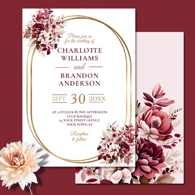 Blush Burgundy Floral Gold Frame Modern Wedding Invitation (Creator Uploaded)