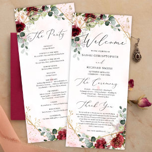 Blush burgundy floral gold geometric boho wedding programme