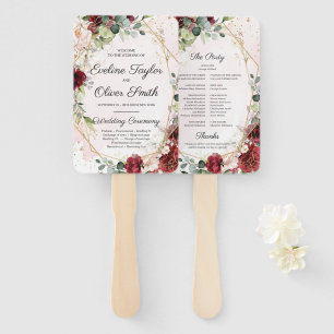 Blush burgundy floral gold geometric program hand fan