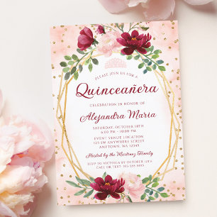 Blush Burgundy Floral Gold Geometric Quinceanera Invitation