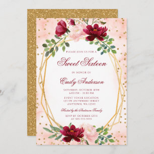 Blush Burgundy Floral Gold Geometric Sweet 16 Invitation