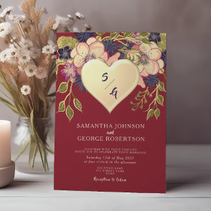 Blush Burgundy Floral Gold Heart Invitation