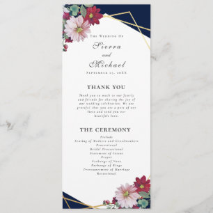 Blush Burgundy Floral Gold Navy Blue Wedding Programme