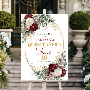 Blush Burgundy Floral Gold Quinceanera Welcome  Poster