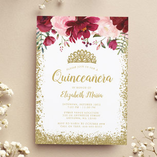 Blush Burgundy Floral Gold Tiara Quinceanera Invitation