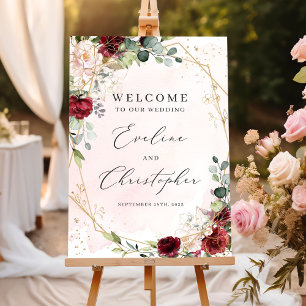 Blush burgundy floral gold wedding welcome sign