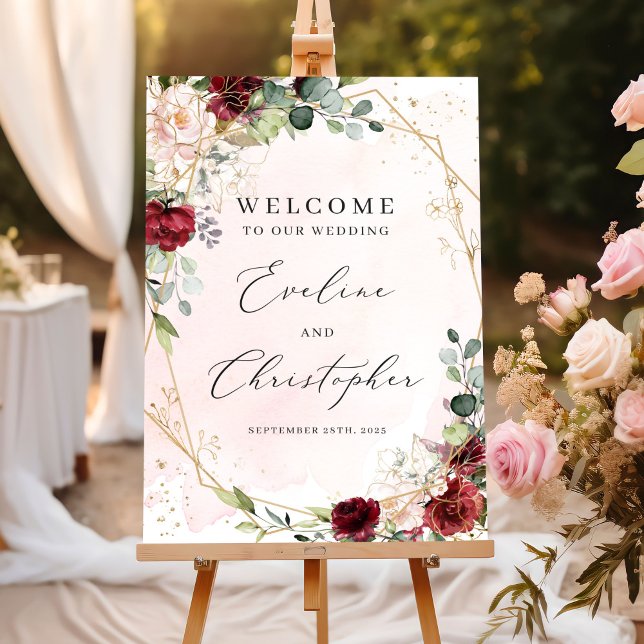 Blush burgundy floral gold wedding welcome sign (Modern blush burgundy floral gold frame boho wedding welcome sign poster)