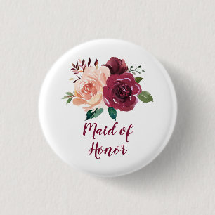 Blush Burgundy Floral Maid Of Honour 3 Cm Round Badge