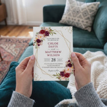 Blush Burgundy Floral Modern Gold Frame Wedding