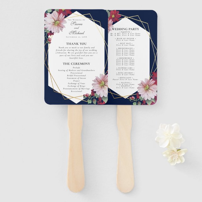 Blush Burgundy Floral Navy Gold Wedding Program Hand Fan (Front and Back)