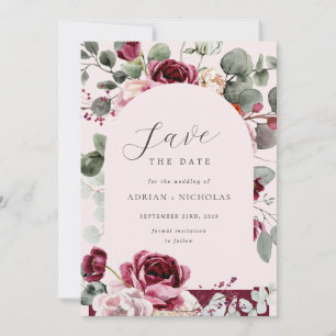 Blush & Burgundy Floral Pink Wedding  Save The Date