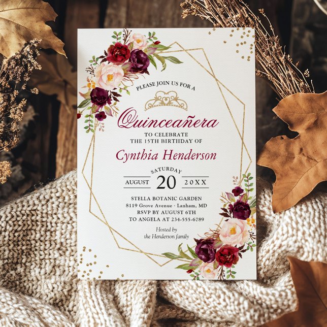 Blush Burgundy Floral Quinceañera 15th Birthday Invitation (Creator Uploaded)