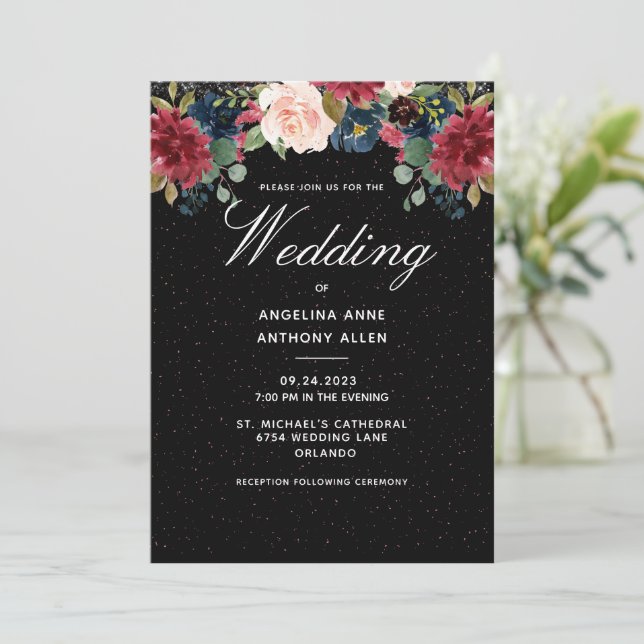 Blush Burgundy Floral Rose Gold Accents Wedding Invitation (Standing Front)