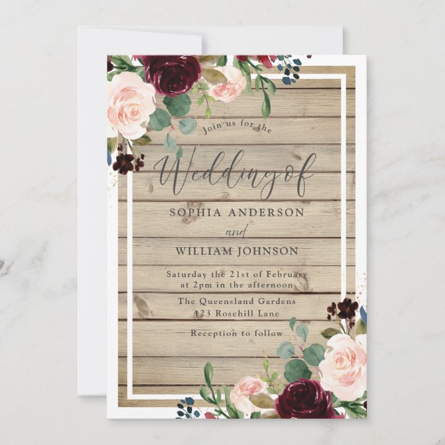 Blush & Burgundy Floral Rustic Spring Fall Wedding Invitation (Front)