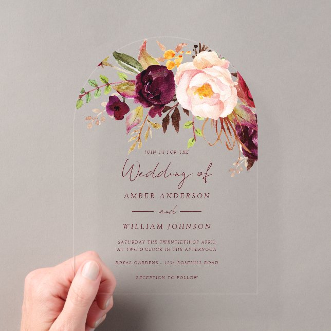 Blush Burgundy Floral Wedding   Acrylic Invitations (Insitu (Handheld))