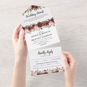 Blush Burgundy Floral Wedding All In One Invitation