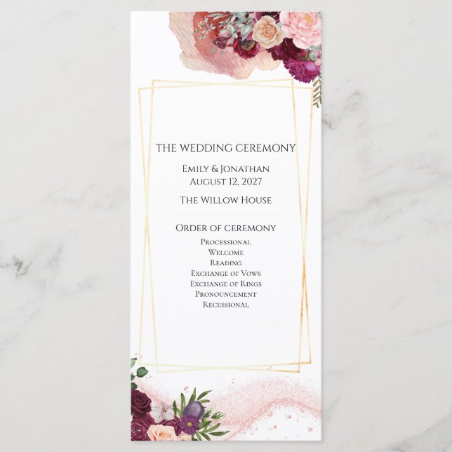 Blush Burgundy Floral Wedding Ceremony Program Programme (Front)