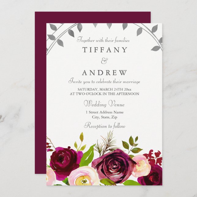 Blush & Burgundy Floral Wedding Invitation (Front/Back)